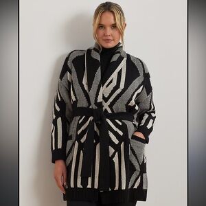 Lauren Ralph Lauren Belted Geometric Knit Cardigan Sweater Size L